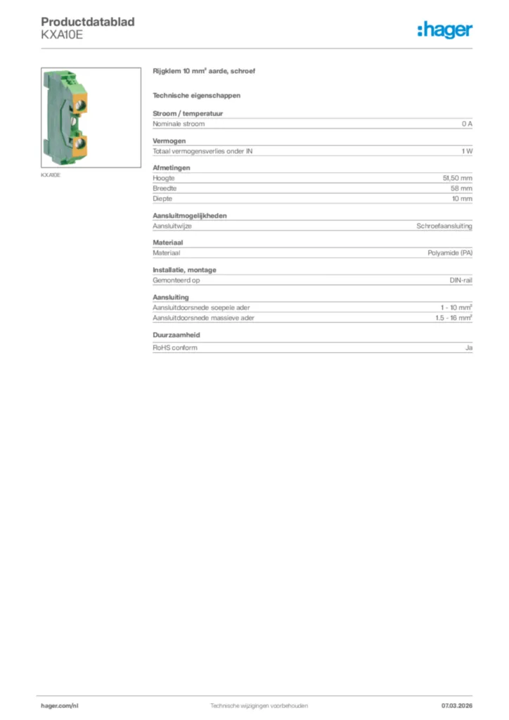 Afbeelding Hager Productdatablad KXA10E | Hager Nederland