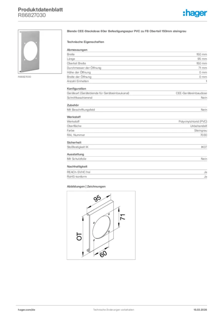 Bild Hager Produktdatenblatt R86827030 | Hager Deutschland