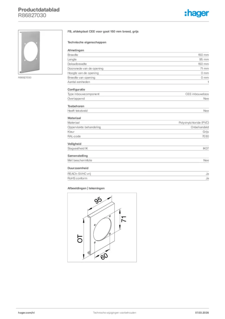 Afbeelding Hager Productdatablad R86827030 | Hager Nederland