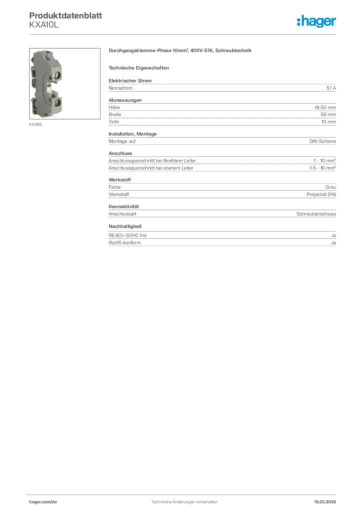 Bild Hager Produktdatenblatt KXA10L | Hager Deutschland