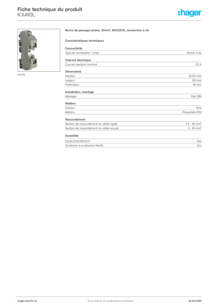 Image Hager Fiche technique du produit KXA10L | Hager Suisse
