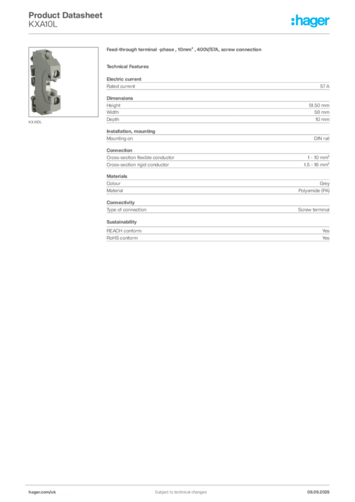 Image Hager Product data sheet KXA10L  | Hager
