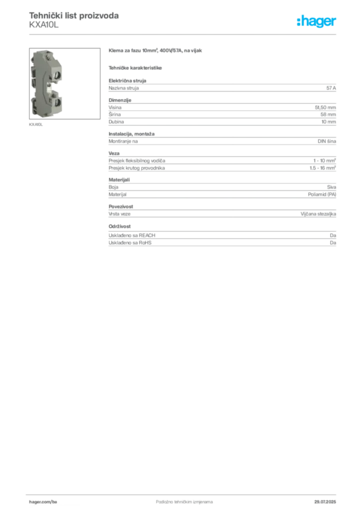 Slika Hager Product data sheet KXA10L  | Hager
