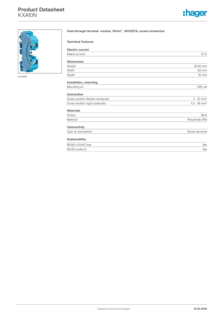 Image Hager Product data sheet KXA10N  | Hager Africa