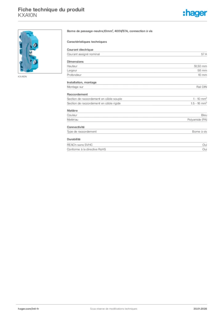 Image Hager Fiche technique du produit KXA10N | Hager Afrique