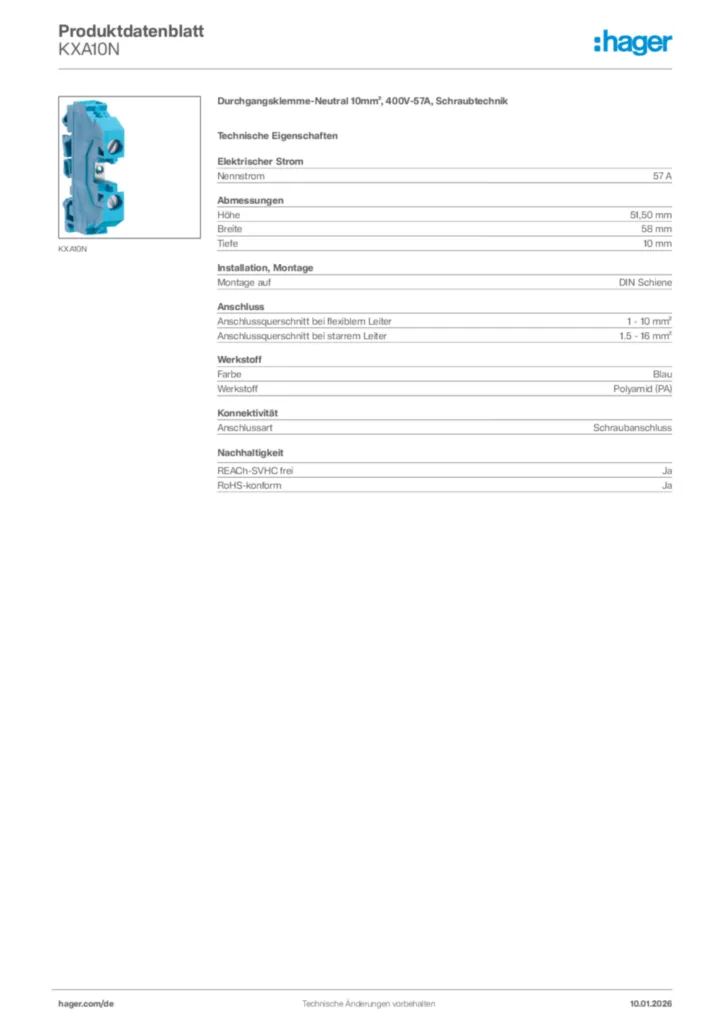 Bild Hager Produktdatenblatt KXA10N | Hager Deutschland