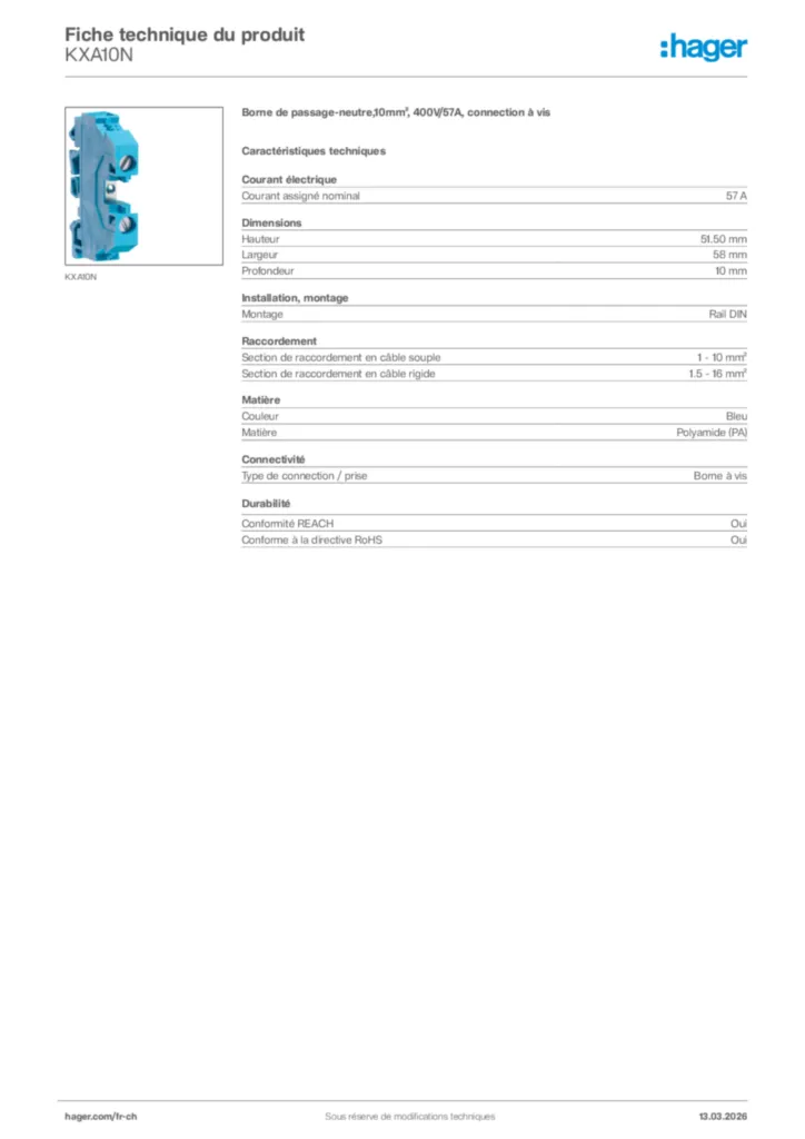 Image Hager Fiche technique du produit KXA10N | Hager Suisse