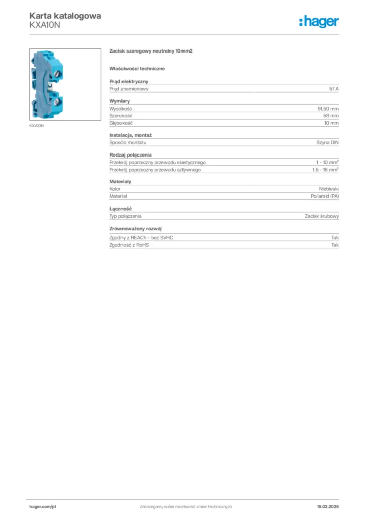 Zdjęcie Hager Karta katalogowa KXA10N | Hager Polska