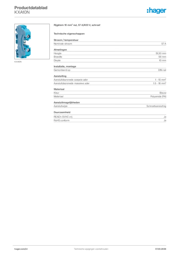 Afbeelding Hager Productdatablad KXA10N | Hager Nederland