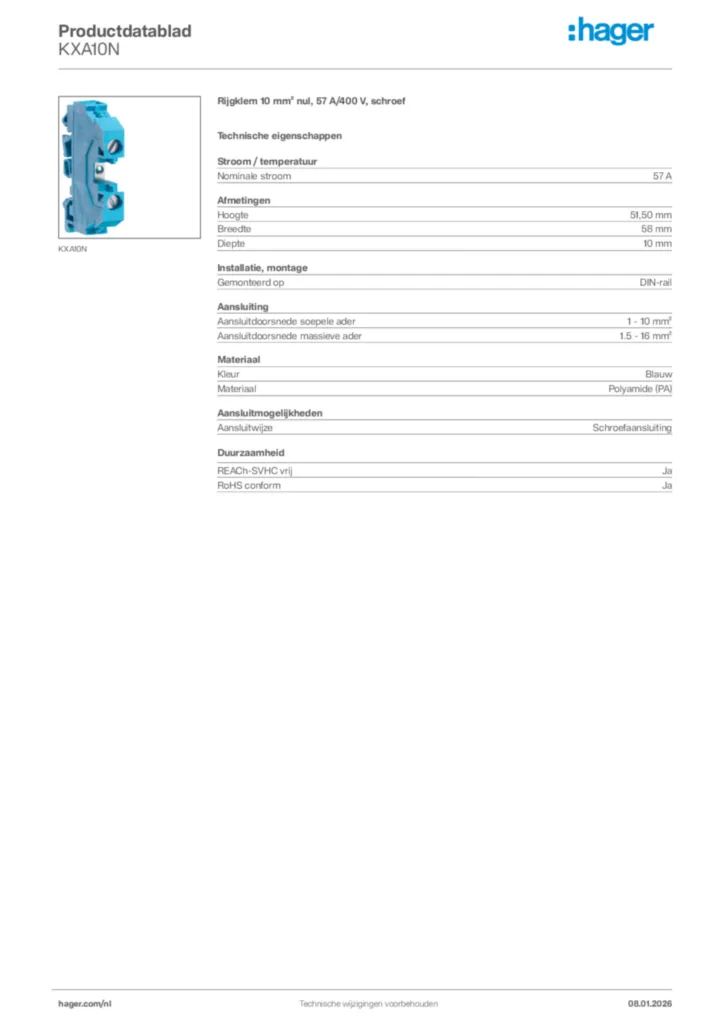Afbeelding Hager Productdatablad KXA10N | Hager Nederland