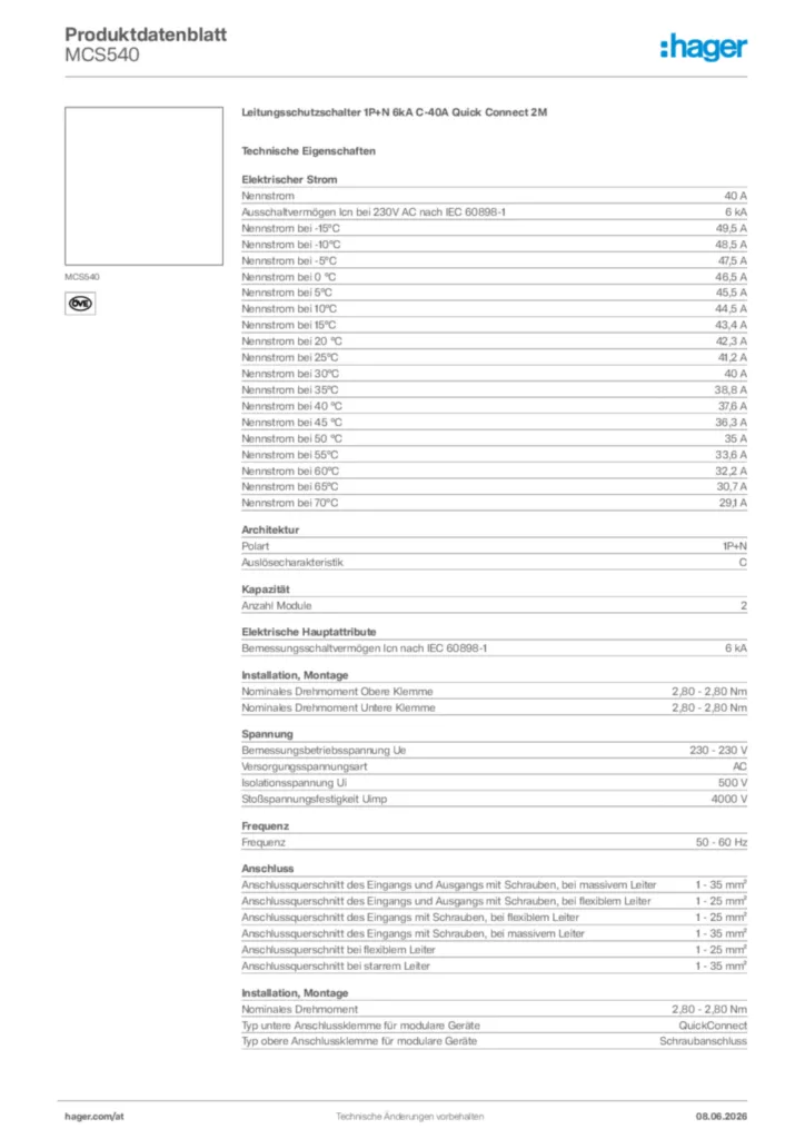 Bild Hager Produktdatenblatt MCS540 | Hager Deutschland