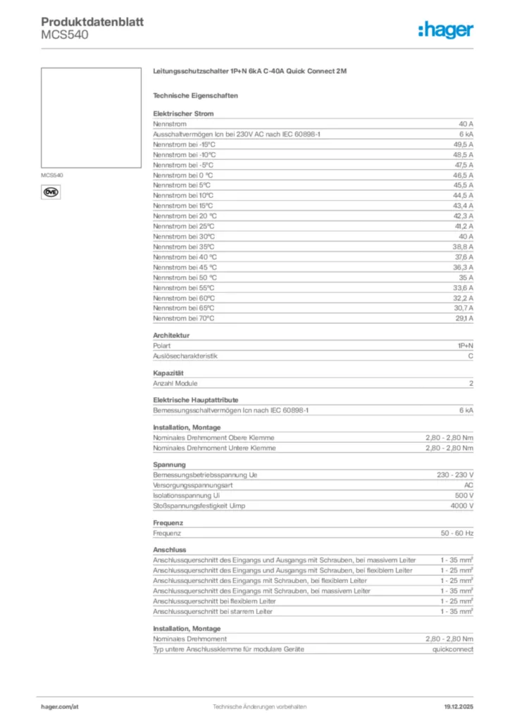 Bild Hager Produktdatenblatt MCS540 | Hager Deutschland