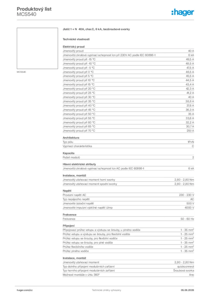 Obrázek Hager Generováno - Datový list produktu MCS540 | Hager
