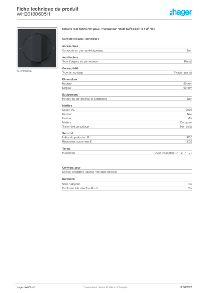 Image Hager Fiche technique du produit WH20180605H | Hager Suisse