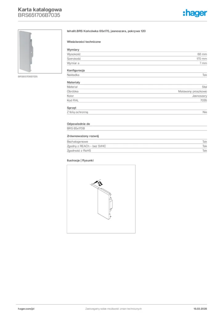 Zdjęcie Hager Karta katalogowa BRS651706B7035 | Hager Polska