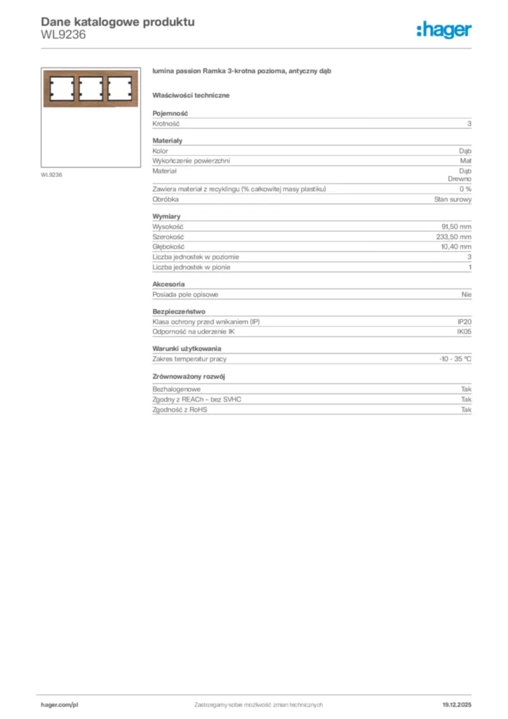 Zdjęcie Hager Karta katalogowa WL9236 | Hager Polska