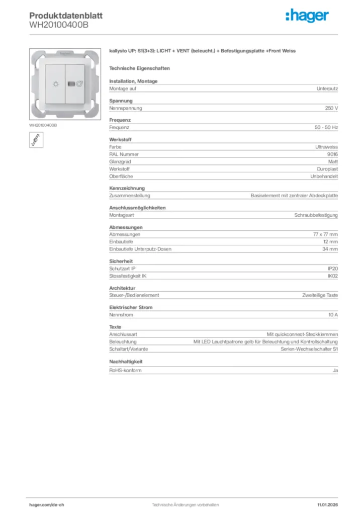 Bild Hager Produktdatenblatt WH20100400B | Hager Schweiz
