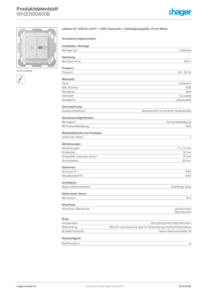 Bild Hager Produktdatenblatt WH20100400B | Hager Schweiz
