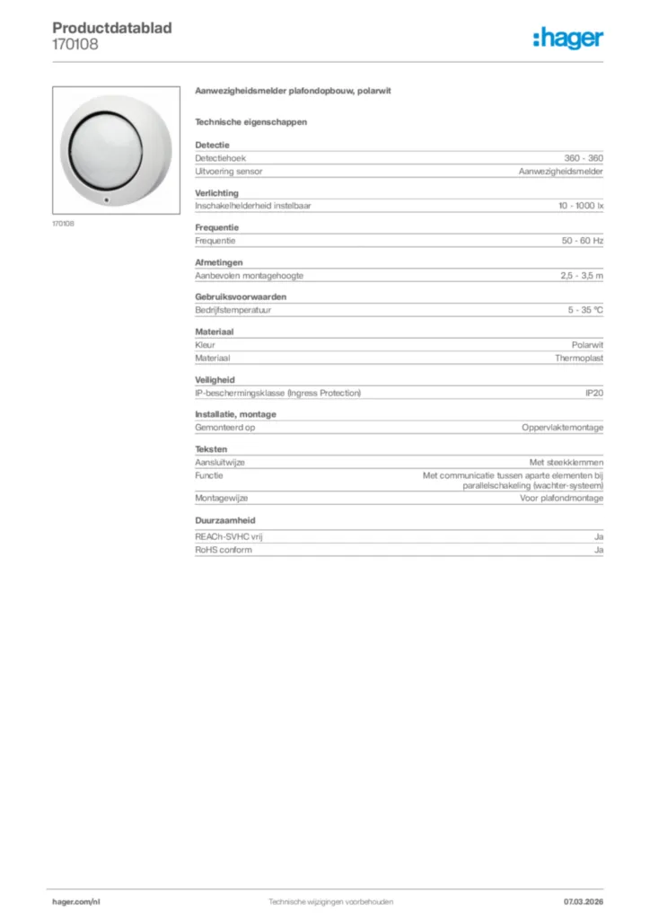Afbeelding Hager Productdatablad 170108 | Hager Nederland