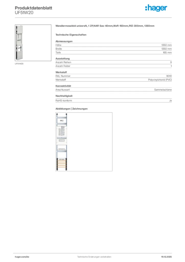 Bild Hager Produktdatenblatt UF51W20 | Hager Deutschland