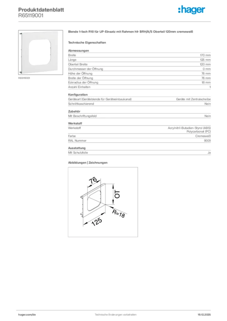 Bild Hager Produktdatenblatt R65119001 | Hager Deutschland