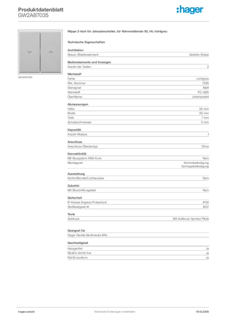 Bild Hager Produktdatenblatt GW2AB7035 | Hager Deutschland