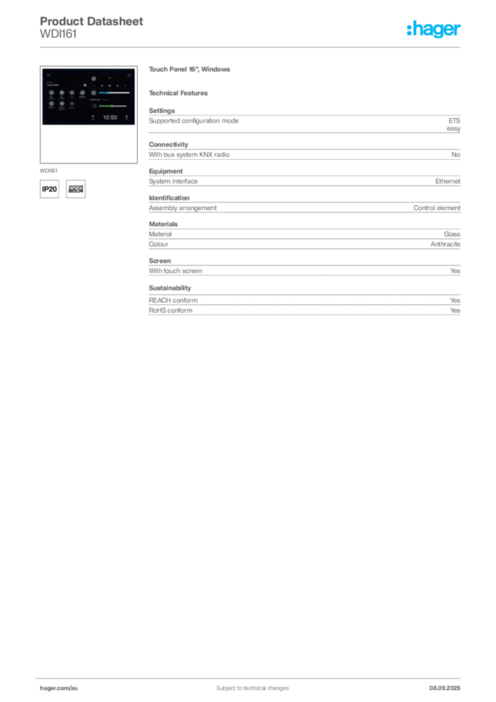 Image Hager Product data sheet WDI161  | Hager Australia