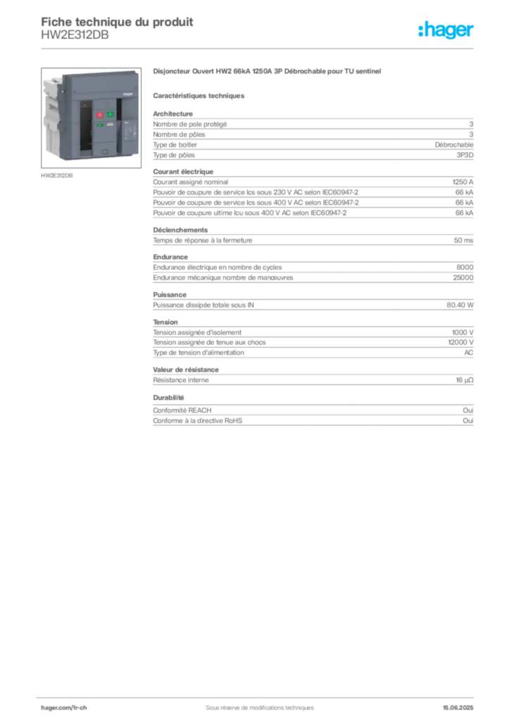Image Hager Fiche technique du produit HW2E312DB | Hager Suisse