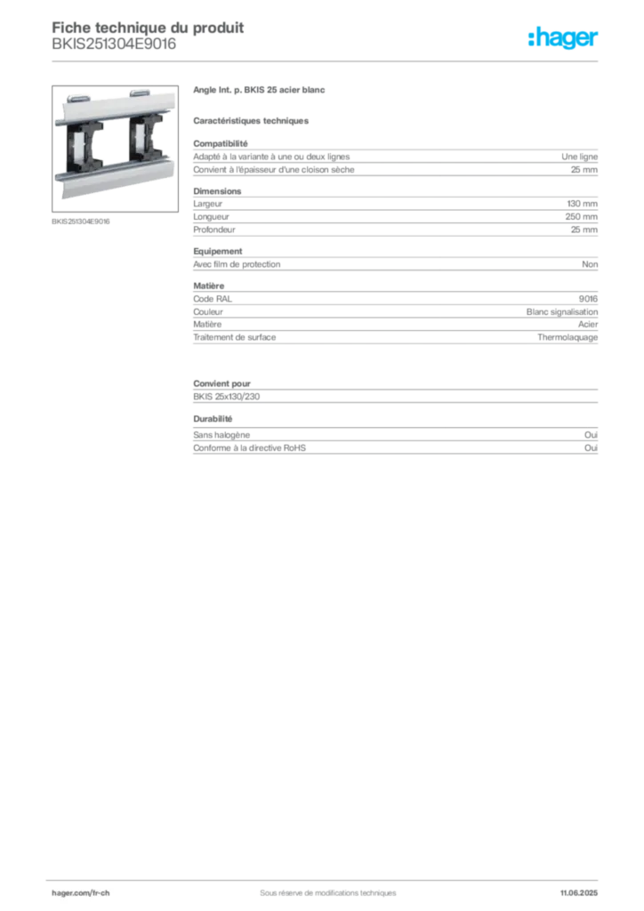 Image Hager Fiche technique du produit BKIS251304E9016 | Hager Suisse