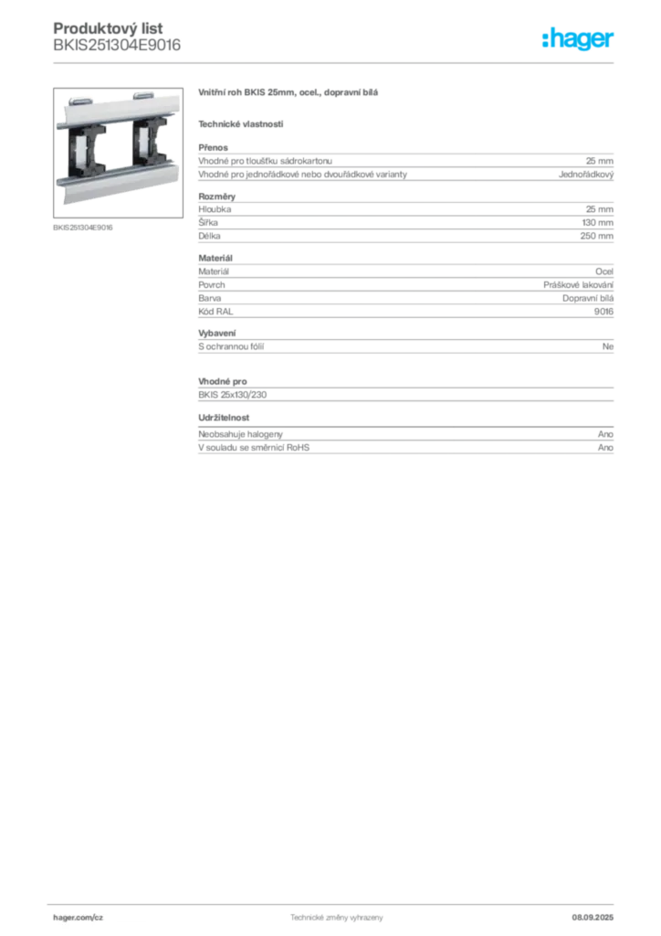 Obrázek Hager Produktový list BKIS251304E9016 | Hager