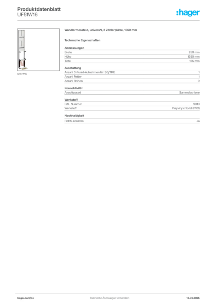 Bild Hager Produktdatenblatt UF51W16 | Hager Deutschland