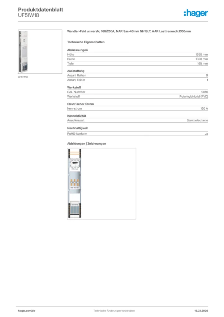 Bild Hager Produktdatenblatt UF51W18 | Hager Deutschland
