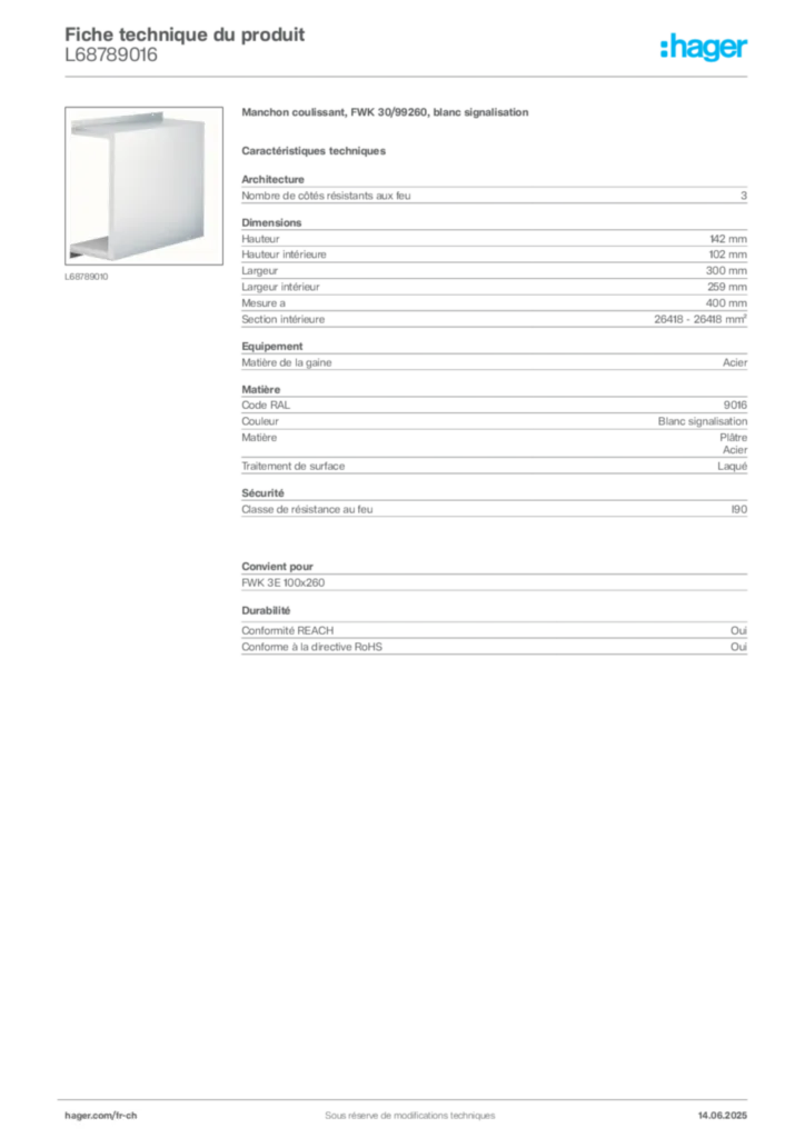 Image Hager Fiche technique du produit L68789016 | Hager Suisse