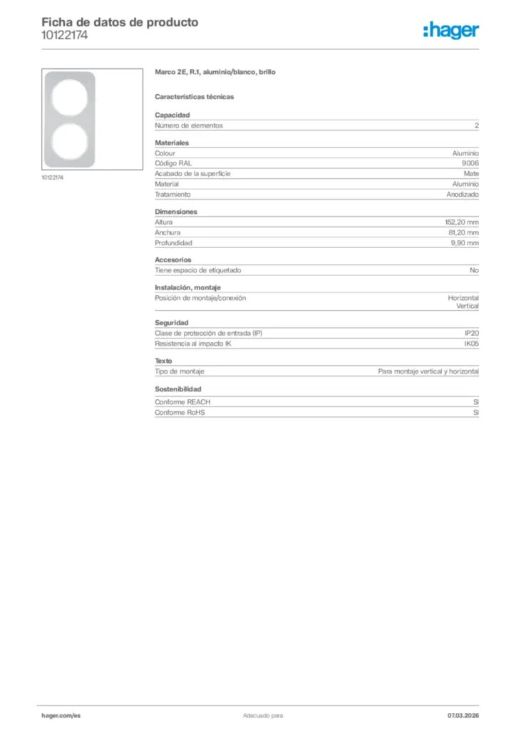 Imagen Hager Ficha de datos de producto 10122174 | Hager España