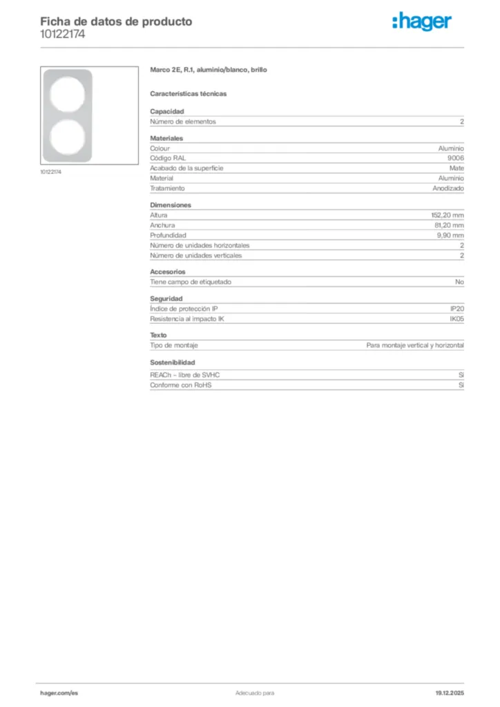 Imagen Hager Ficha de datos de producto 10122174 | Hager España