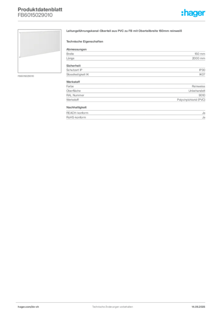 Bild Hager Produktdatenblatt FB6015029010 | Hager Schweiz