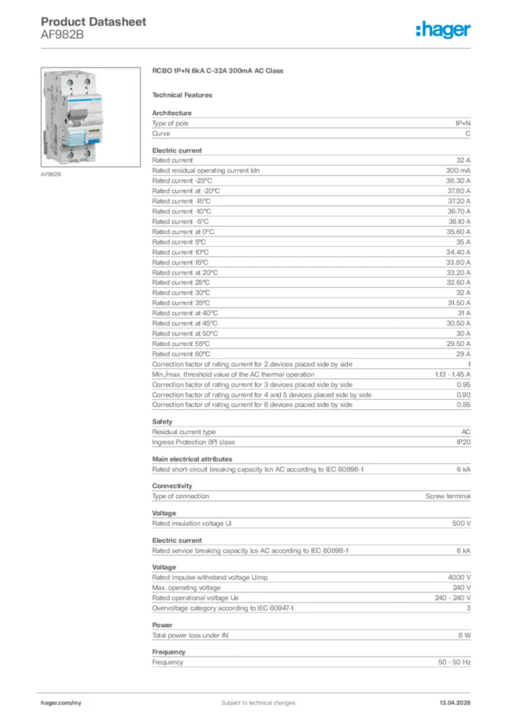Image Hager Product data sheet AF982B  | Hager