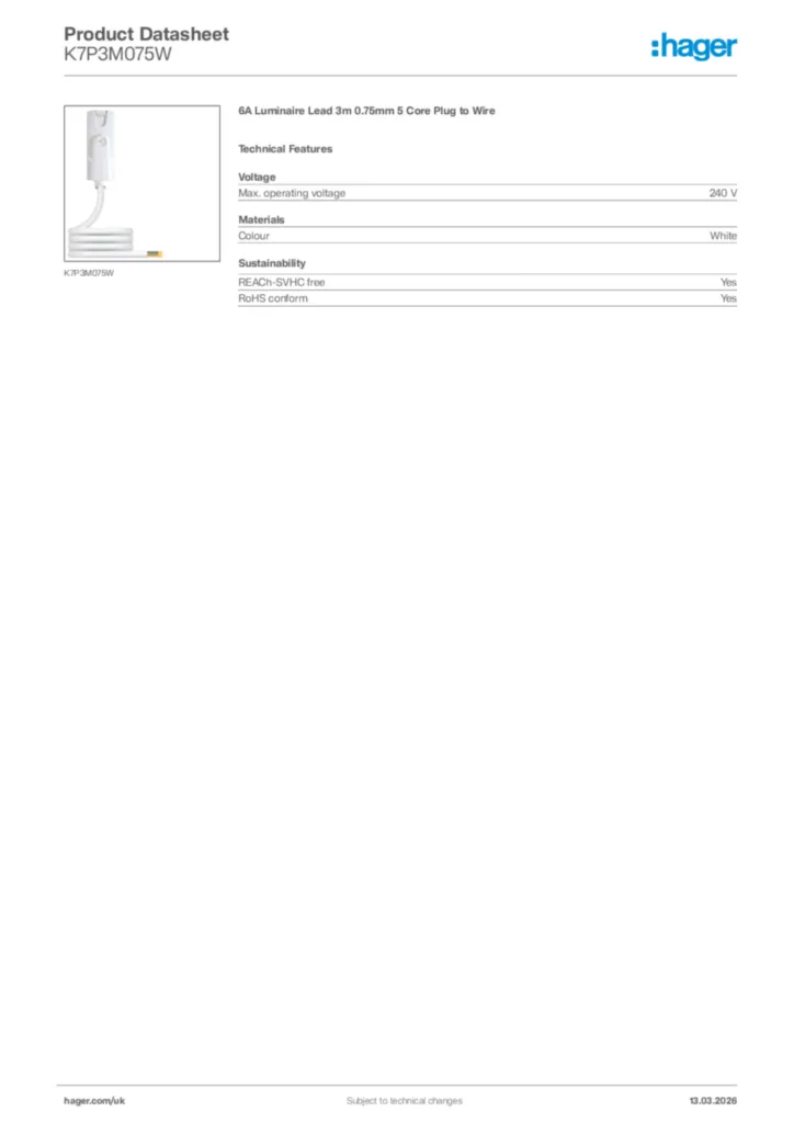 Image Hager Product data sheet K7P3M075W  | Hager
