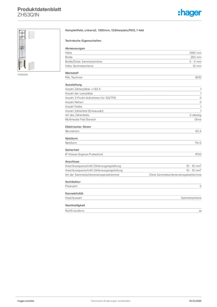 Bild Hager Produktdatenblatt ZH53Q1N | Hager Deutschland