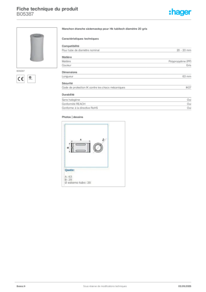 Image Iboco Fiche technique du produit B05387 | Hager France