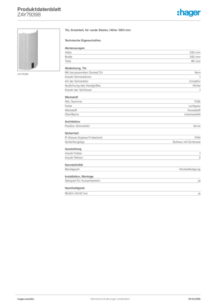 Bild Hager Produktdatenblatt ZAY79398 | Hager Deutschland