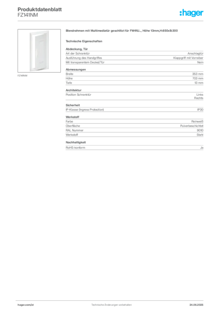 Bild Hager Produktdatenblatt FZ141NM | Hager Deutschland