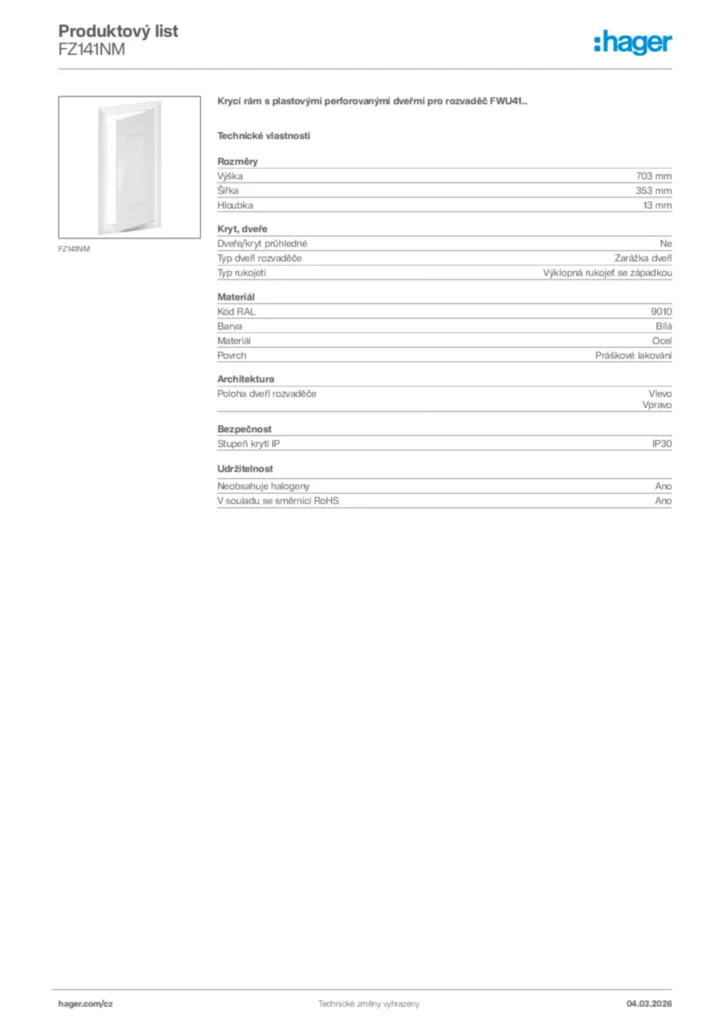 Obrázek Hager Product data sheet FZ141NM | Hager