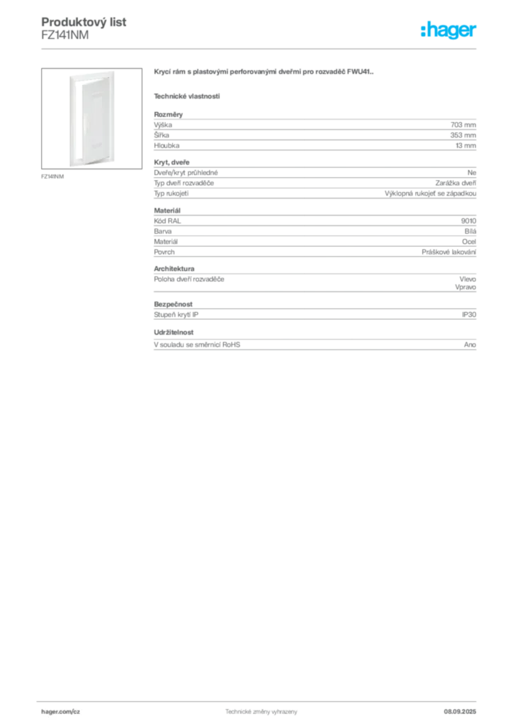 Obrázek Hager Produktový list FZ141NM | Hager