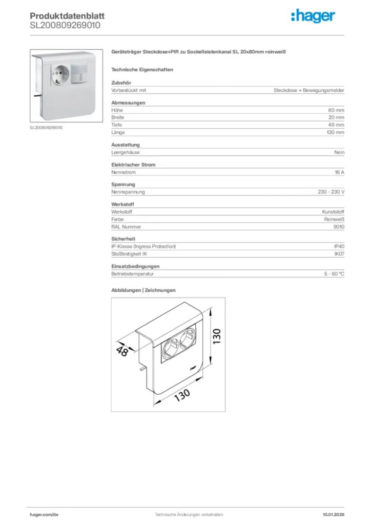 Bild Hager Produktdatenblatt SL200809269010 | Hager Deutschland