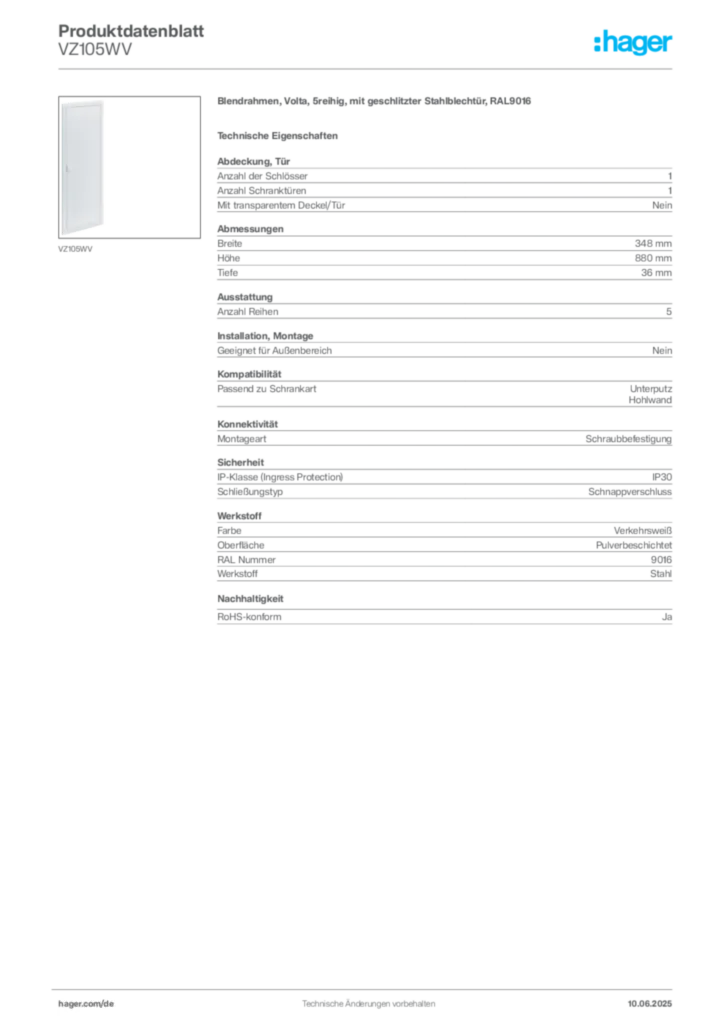 Bild Hager Produktdatenblatt VZ105WV | Hager Deutschland