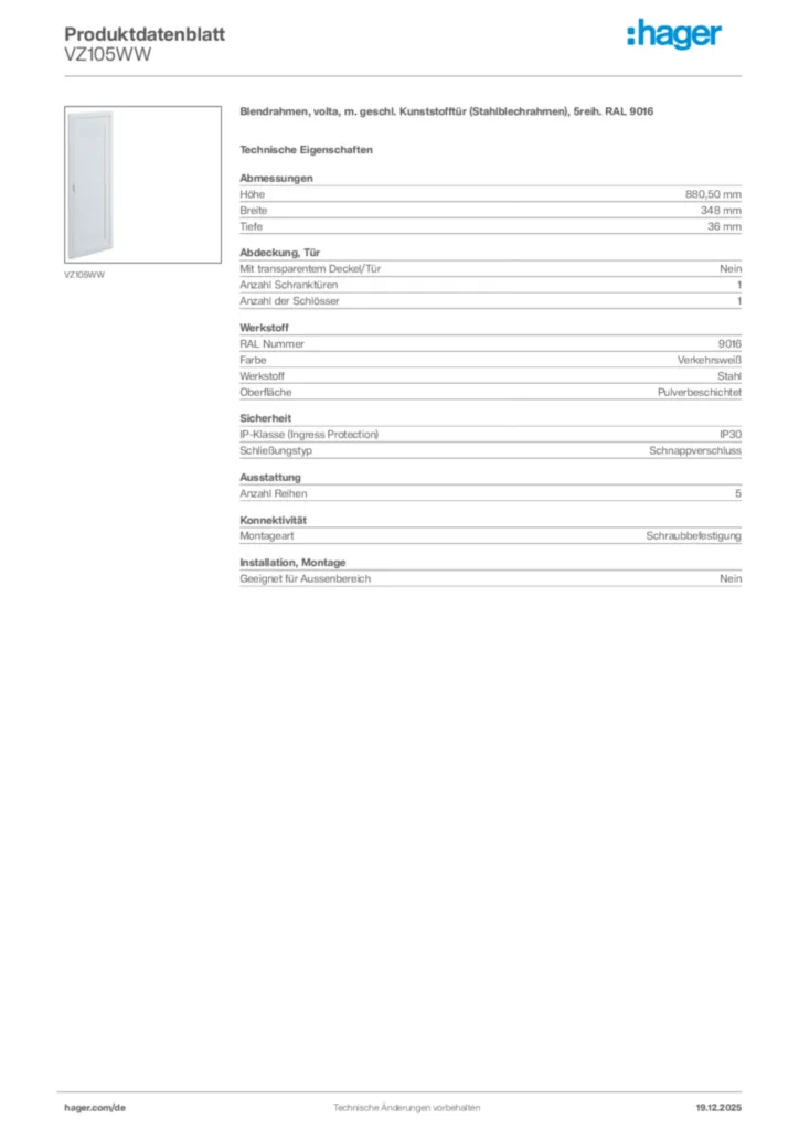 Bild Hager Produktdatenblatt VZ105WW | Hager Deutschland