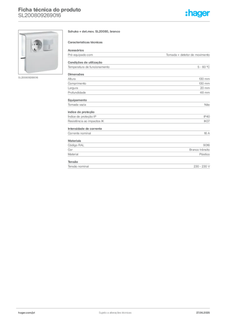 Imagem Hager Ficha técnica do produto SL200809269016 | Hager Portugal
