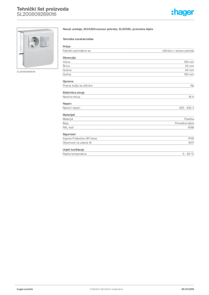 Slika Hager Product data sheet SL200809269016  | Hager