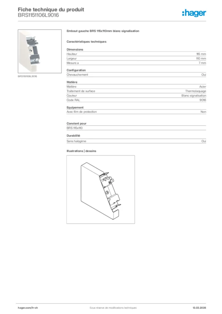 Image Hager Fiche technique du produit BRS1151106L9016 | Hager Suisse